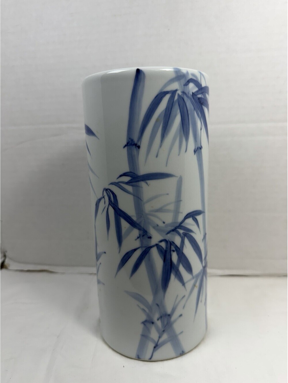 Vintage Japanese Sometsuke Blue White Ceramic Cylinder Vase Hand Painted Bamboo